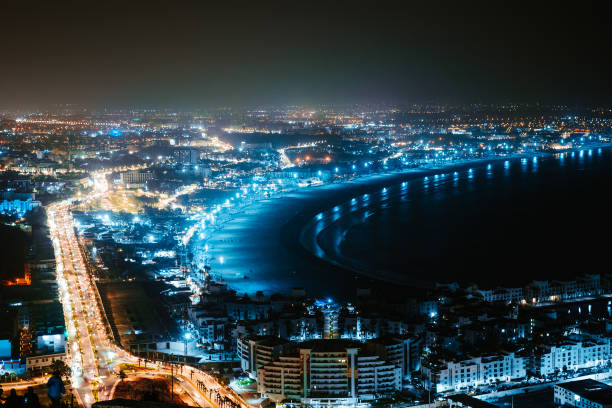 Night panoramic view of Agadir. Agadir city beach and resort by Atlantic ocean